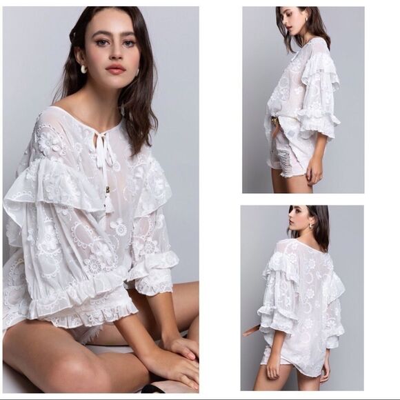 Pol White Boho Embroidered Floral Top with Ruffles - Picture 3 of 16